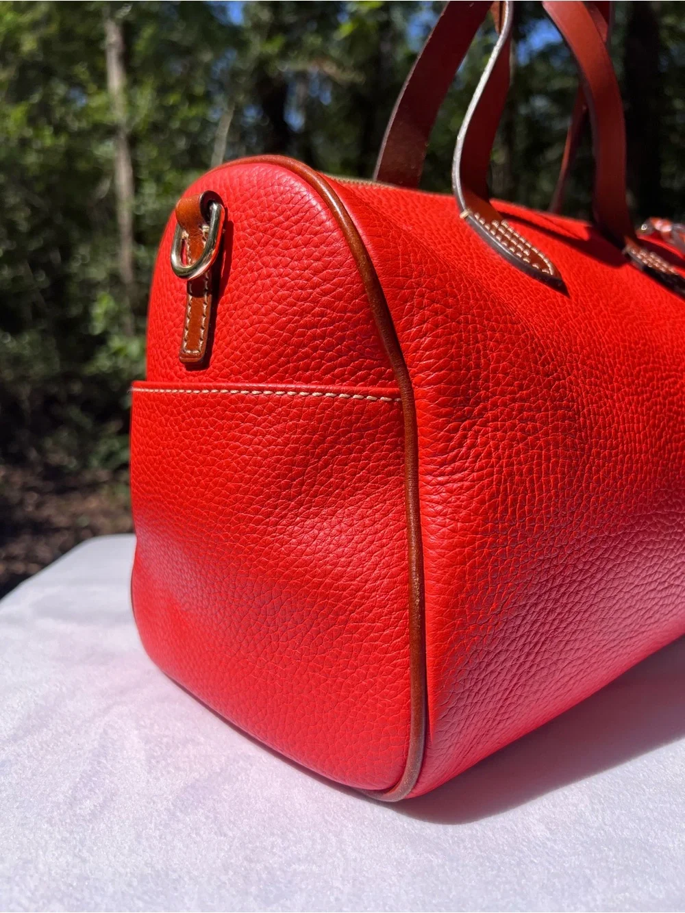 Orange Dooney & Bourke Pebbled Leather Satchel with Brown Trim